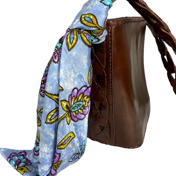 Vintage Brown Leather Shoulder Bag Woven Strap Floral Scarf Boho Classic Casual - Picture 8 of 10